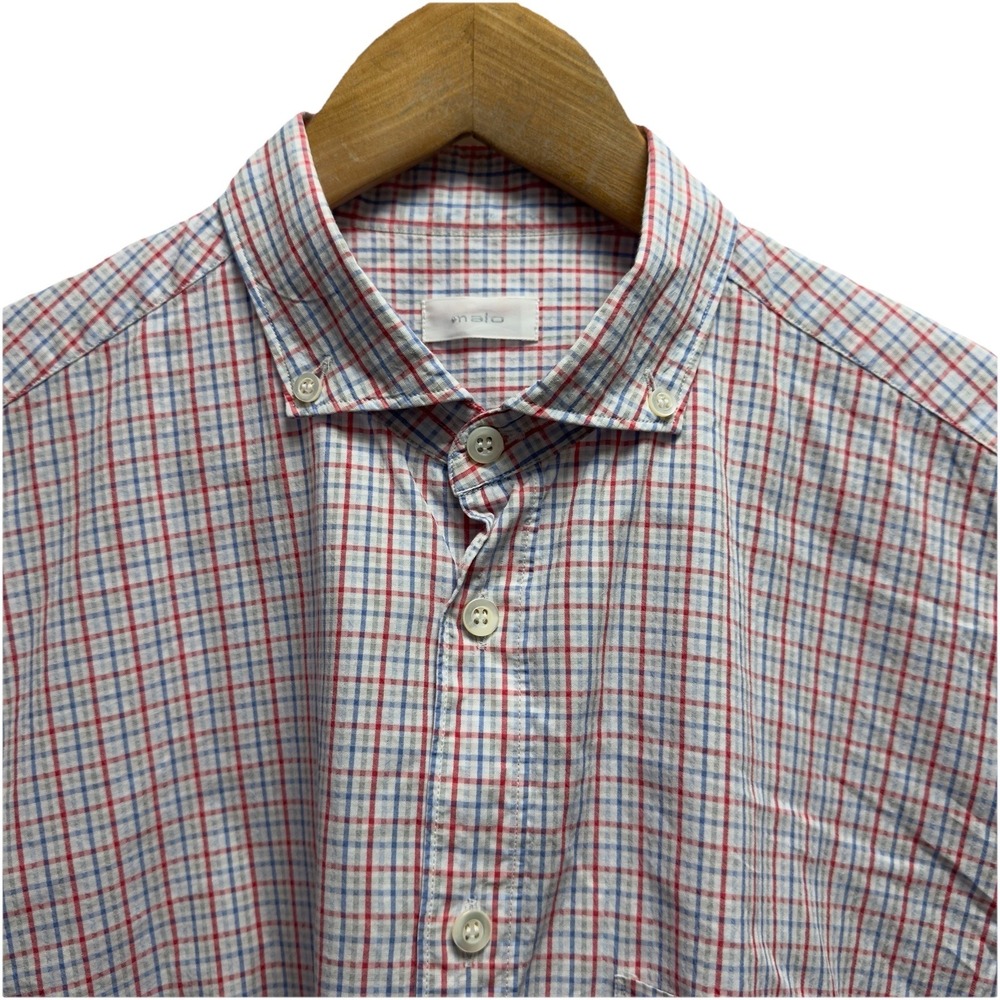 Malo Mens Size 16/41 Blue/Red Plaid Seersucker Cotton Button Front S/S Shirt euc